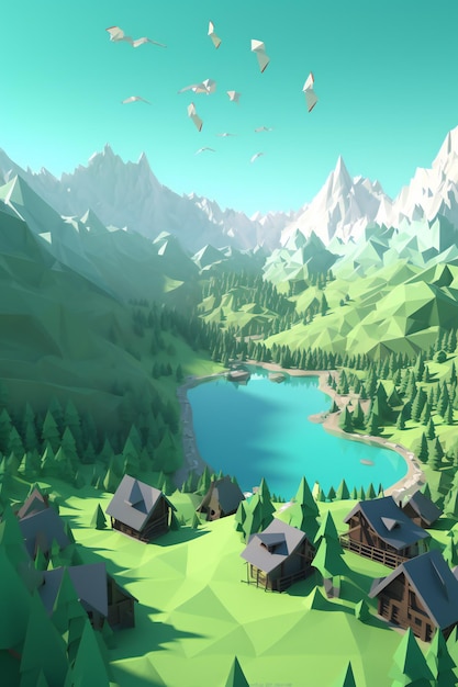 AI Generative 3D Origami Field Cut Wallpaper A Tranquil Haven of Misty Vistas and Grazing Deer