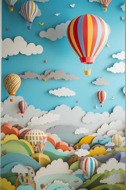 AI Generative 3D Origami Field Cut Wallpaper of Up Up and Away A Playful Hot Air Balloon Race