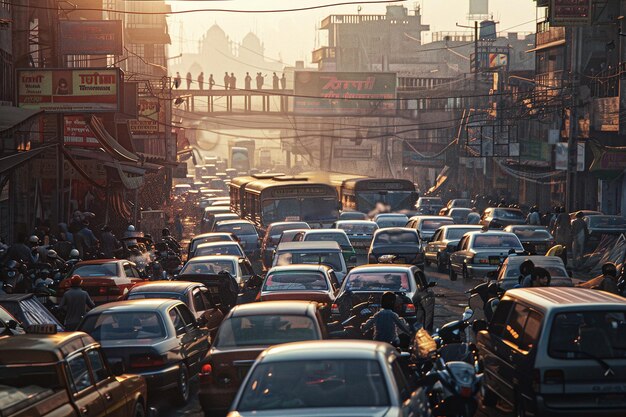 Photo ai generative ai generative chaotic city streets with shabby cars and congested highways