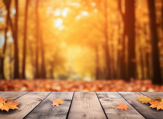 AI generative Background of autumn forest and old wooden deck table