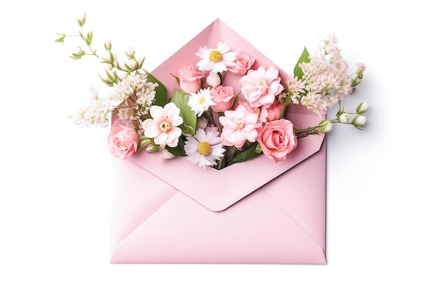 Ai generative Composition with pink envelope and beautiful flowers on white