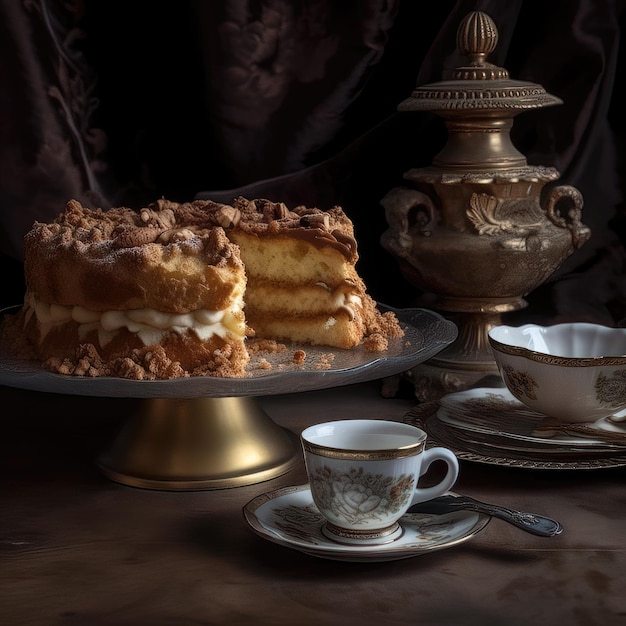 AI generative Cream cake and cup of coffee on wooden background Selective focus