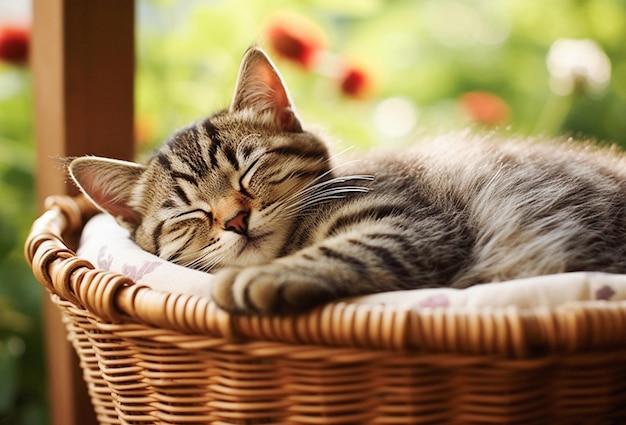 AI generative Cute tabby kitten sleeping in a basket