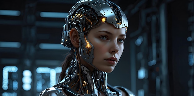 ai generative female cyborg with mechanisms and wires in head digital technological as a background