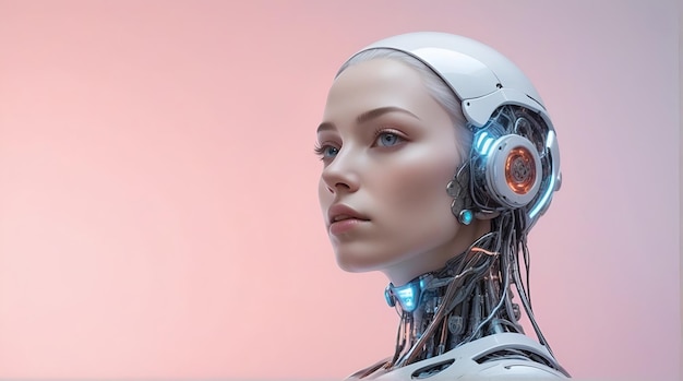 ai generative female cyborg with mechanisms and wires in head digital technological as a background