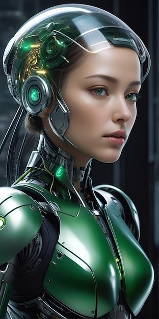 ai generative female cyborg with mechanisms and wires in head digital technological as a background