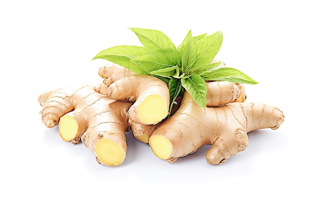 AI generative Fresh ginger with sliced and green leaves on white