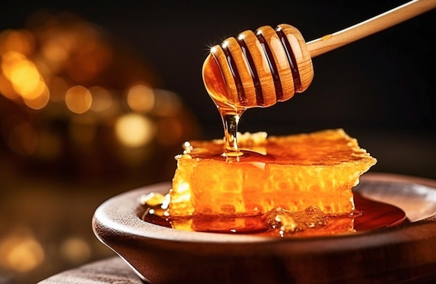 Ai generative Fresh honey drips into honeycomb