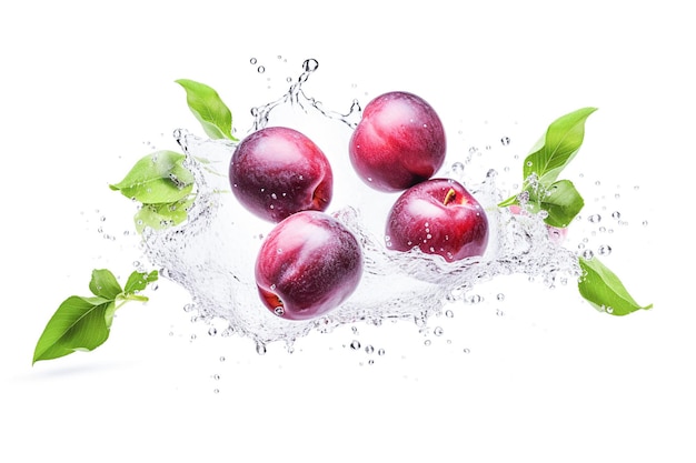 Ai generative Fresh plums in water splash on white