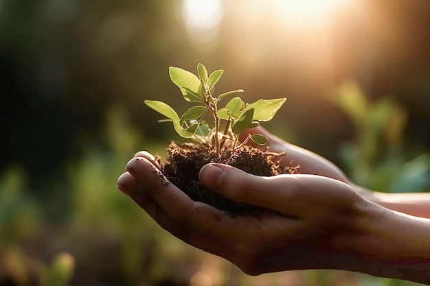 AI generative Hand holding young plant