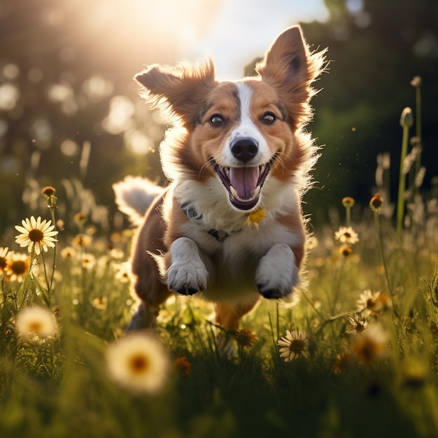 AI generative high quality photo of a happy dog playing ball on the grass