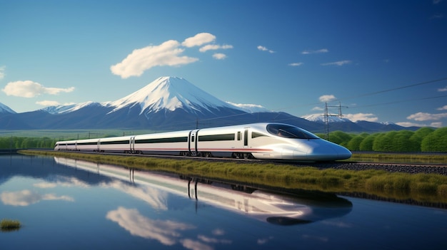 AI Generative High Speed Bullet Train with Fuji Mountain Background