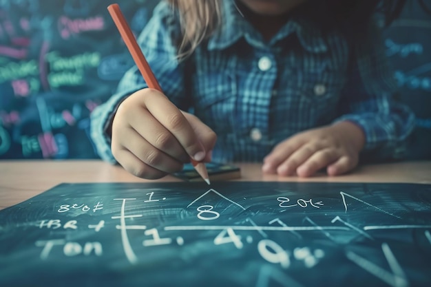 Photo ai generative kid writes math formula on the blackboard