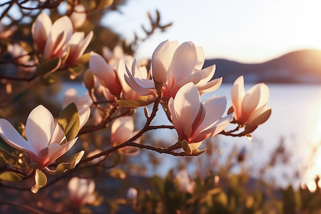 Ai generative Magnolia flowers in the sunset light