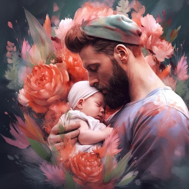 AI Generative The man carrying his baby with flowers in the background