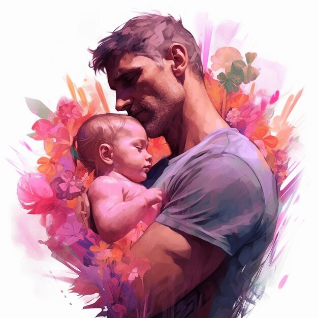 AI Generative The man carrying his baby with flowers in the background