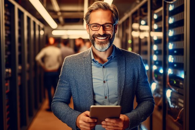 AI Generative A man entrepreneur holds a tablet smile on face that is standing in a server room