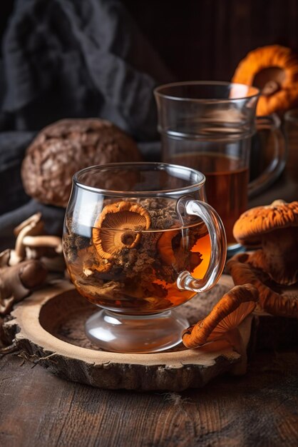 AI generative mushroom tea glass teapot with chaga mushrooms on a table