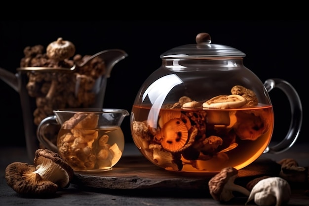 AI generative mushroom tea glass teapot with chaga mushrooms on a table