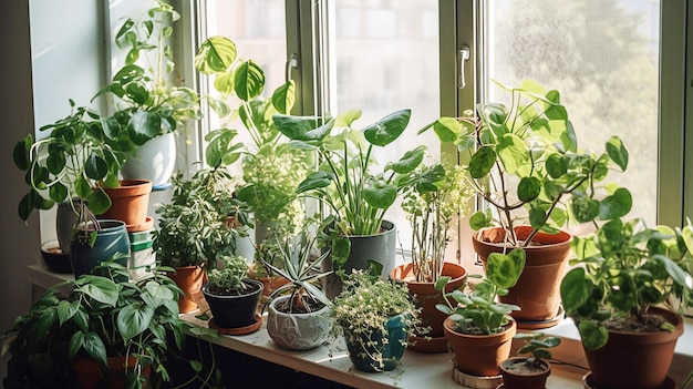 Ai generative Potted houseplants on windowsill indoors