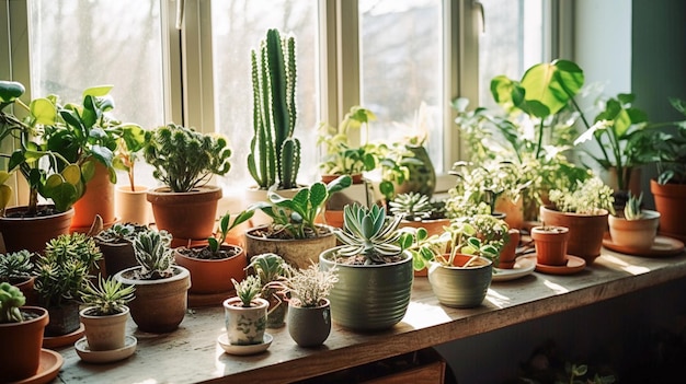 Ai generative Potted houseplants on windowsill indoors