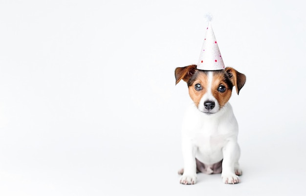 AI generative Puppy Jack russell in birthday hat on a white background