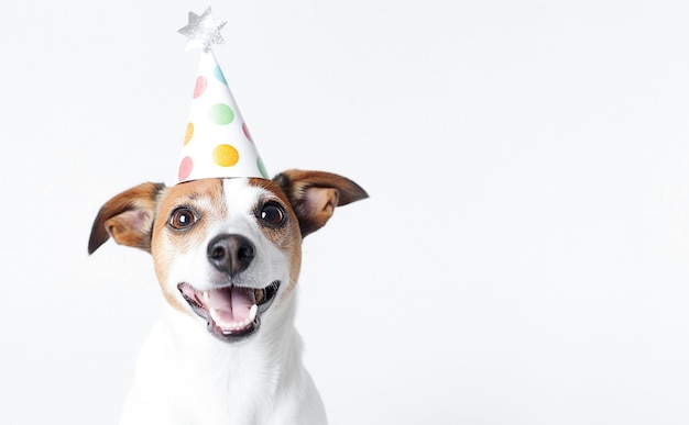 AI generative Puppy Jack russell in birthday hat on a white background