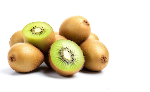 Ai generative Ripe whole kiwi fruits and half kiwi fruits on white