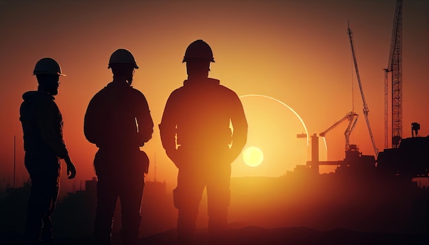 AI Generative Silhouette of engineer and construction team working on site over blurred background sunset pastel