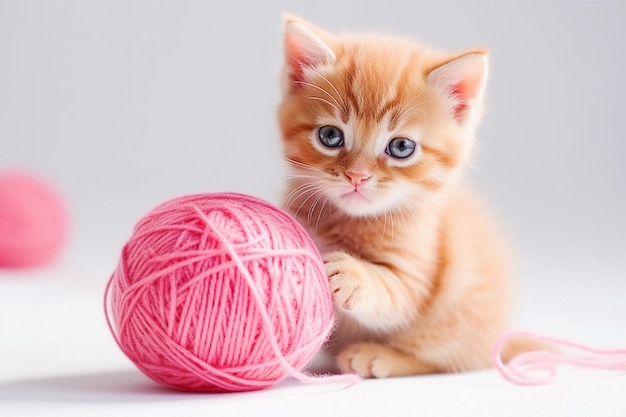 AI generative Small red kitten is played with a ball of yarn