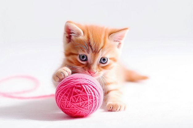 AI generative Small red kitten is played with a ball of yarn