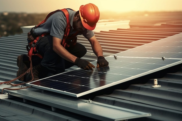 AI Generative a solar worker installing panels with hand tools