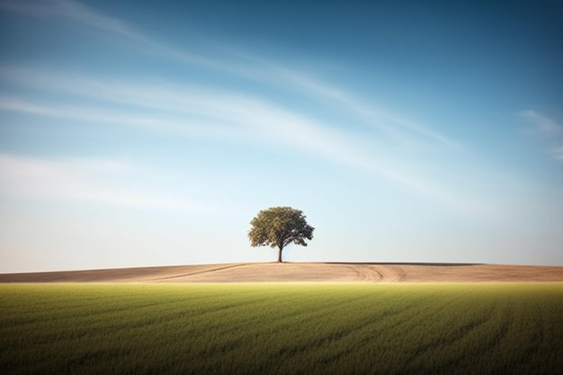 AI Generative A solitary tree standing tall in the middle under a clear blue sky