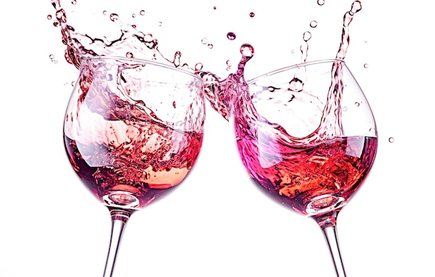 AI generative Two wine glasses with splashing of red wine on white