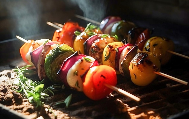 Ai generative Various grilled vegetables are prepared on skewers