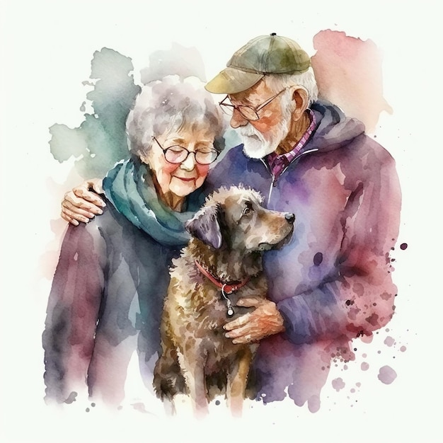 Ai generative watercolor illustration of adorable aged man and woman embracing cute dog against purple flowers