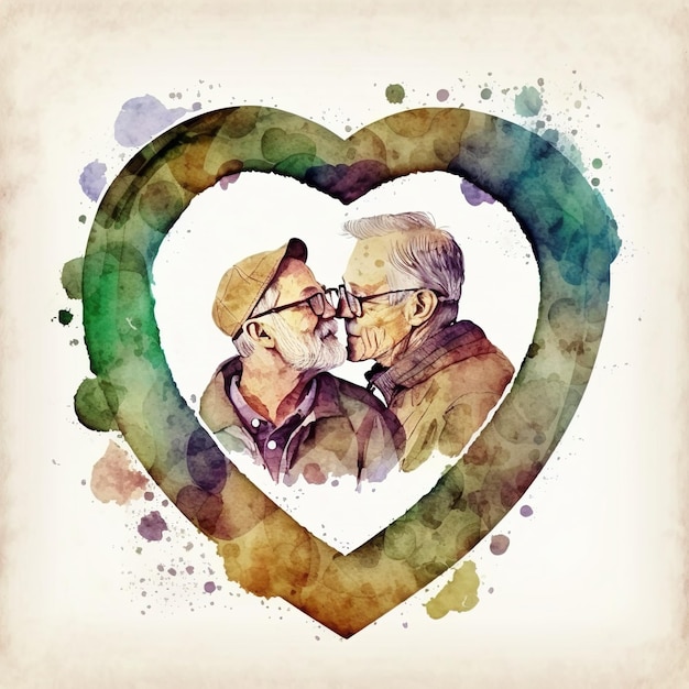 AI Generative watercolor illustration of two gay grandfathers kissing a mature couple in love