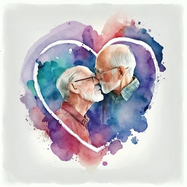 AI Generative watercolor illustration of two gay grandfathers kissing a mature couple in love