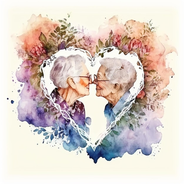 AI Generative watercolor illustration of two gay grandmothers kissing a mature couple in love