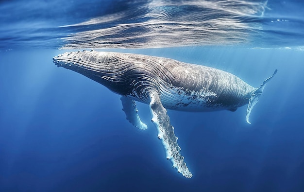 AI generative Whale Plays in Blue Water