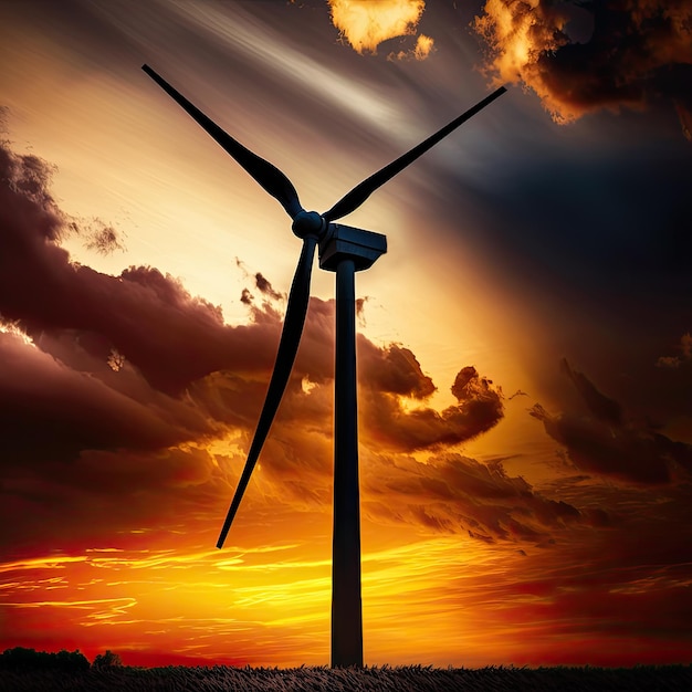 AI generative of Wind turbine against sunset sky its energy is costeffective providing an affordable way to generate electricity without the impacts of climate change