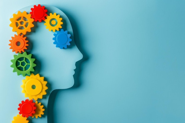 AI Head Silhouette with Colorful Gears on Blue Background Innovative Design