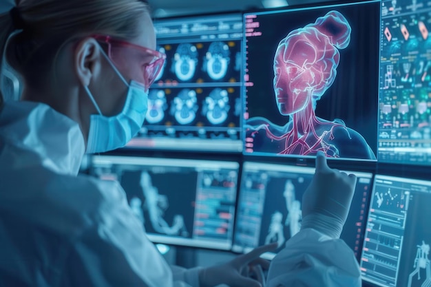 AI healthcare analysis in a futuristic lab neon lights