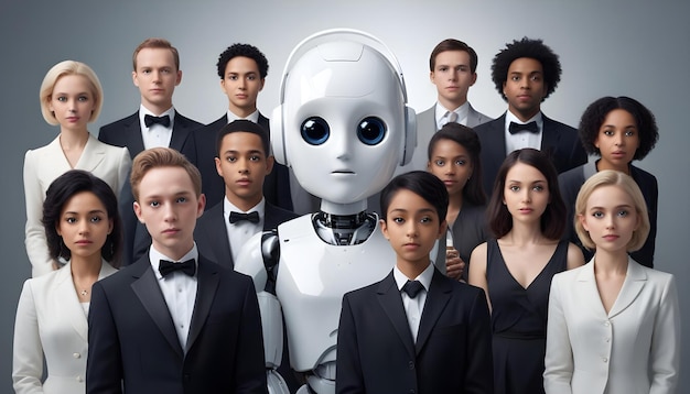 Photo ai and humanity group of humans with humanoid ai robot