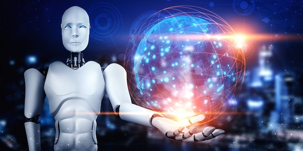 AI humanoid robot holding hologram screen shows concept of global communication