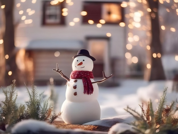 AI image of a funny snowman wearing hat and scarf standing in the backyard of the idyllic house