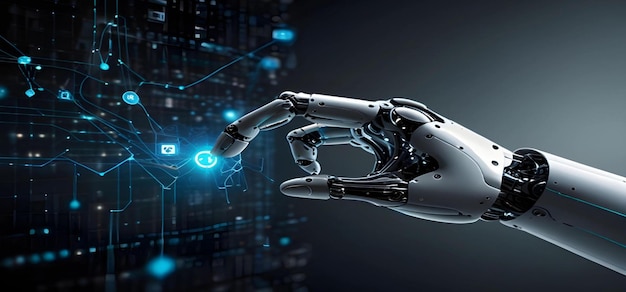 AI Machine learning Hands of robot and human touching on big data network connection background Science and artificial intelligence technology innovation and futuristic smart farmar