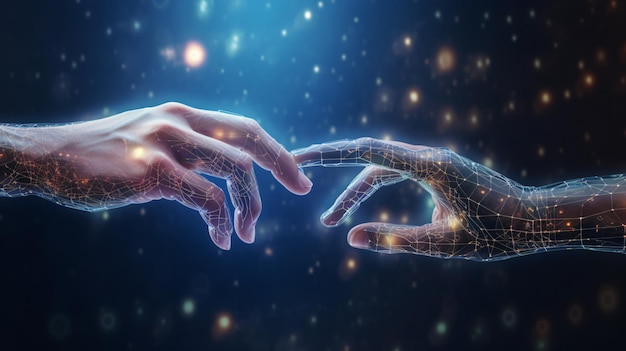 AI Machine learning Hands of robot and human touching