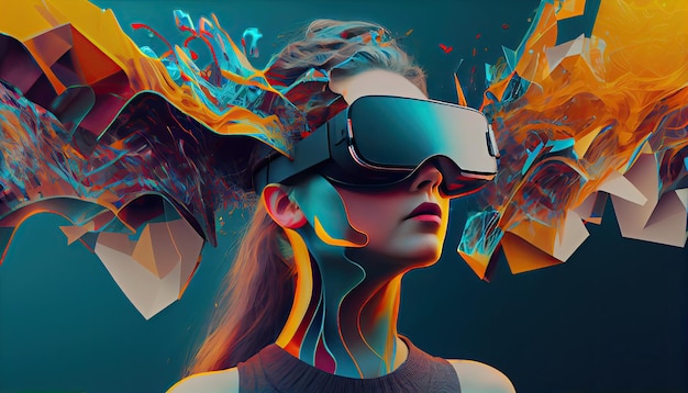 AI Metaverse concept collage design with wearing VR headset with smart glasses futuristic technology