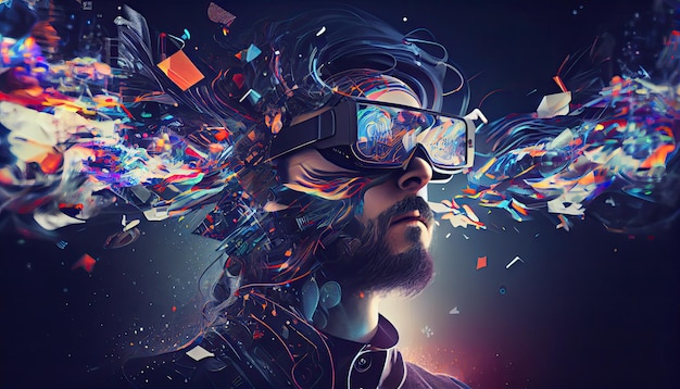 AI Metaverse concept collage design with wearing VR headset with smart glasses futuristic technology